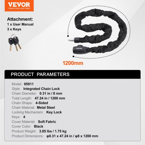 Bike Chain Lock 394 Ft Combination Bicycle Chain Lock with 4 Keys Heavy