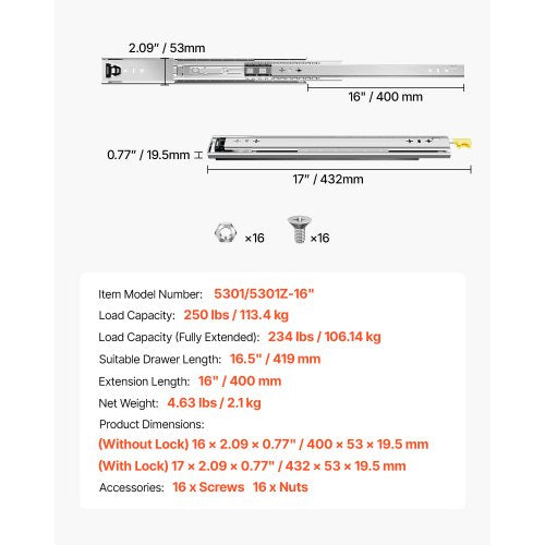 Heavy Duty Drawer Slides 16inch 1 Pair Locking Drawer Slides 250lbs Load