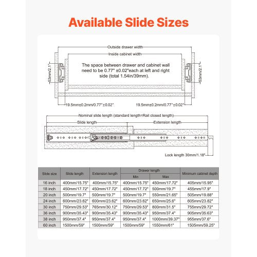 Heavy Duty Drawer Slides 20inch 1 Pair Locking Drawer Slides 250lbs Load