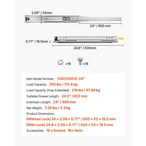Heavy Duty Drawer Slides 16inch 1 Pair Locking Drawer Slides 250lbs Load