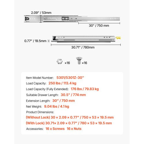 Heavy Duty Drawer Slides 30inch 1 Pair Locking Drawer Slides 250lbs Load
