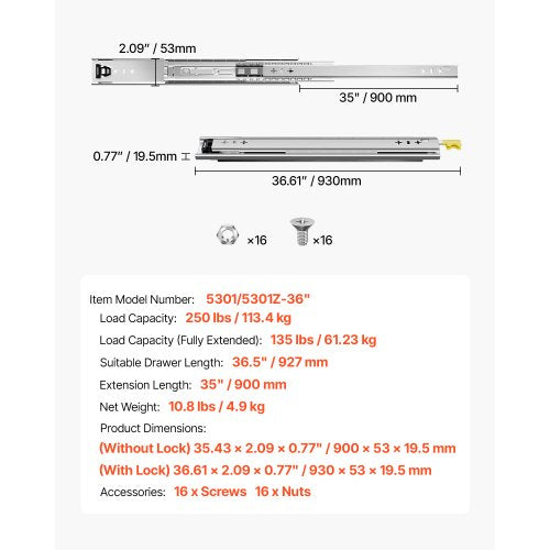Heavy Duty Drawer Slides 36inch 1 Pair Locking Drawer Slides 250lbs Load