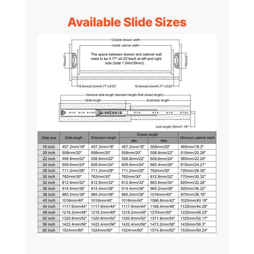1 Pair Full Extension Drawer Slides 18 20 22 28 30 32 36 38 40 44 48 52 56