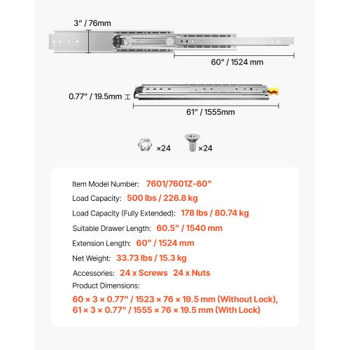 Heavy Duty Drawer Slides 1 Pair 60inch Locking Drawer Slides 500lbs Load