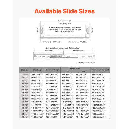 1 Pair Full Extension Drawer Slides 18 20 22 28 30 32 36 38 40 44 48 52 56