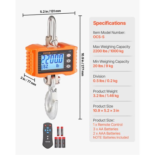 Digital Crane Scale 2200 lbs1000 kg Industrial Heavy Duty Hanging Scale