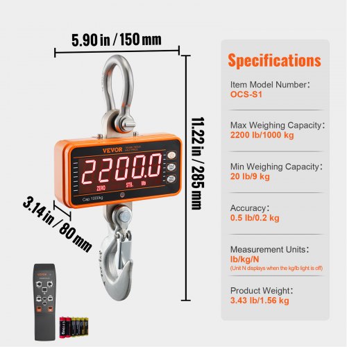 Digital Crane Scale 2200 lbs1000 kg Industrial Heavy Duty Hanging Scale