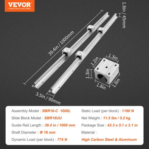 Linear Guide Rail Set SBR16 1000mm 2 PCS 394 in1000 mm SBR16 Guide Rails