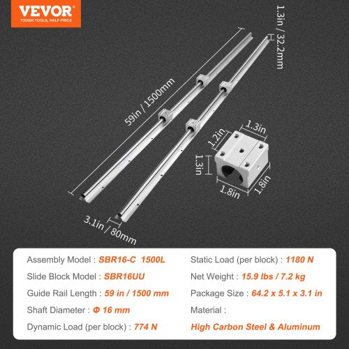 Linear Guide Rail Set SBR16 1500mm 2 PCS 59 in1500 mm SBR16 Guide Rails