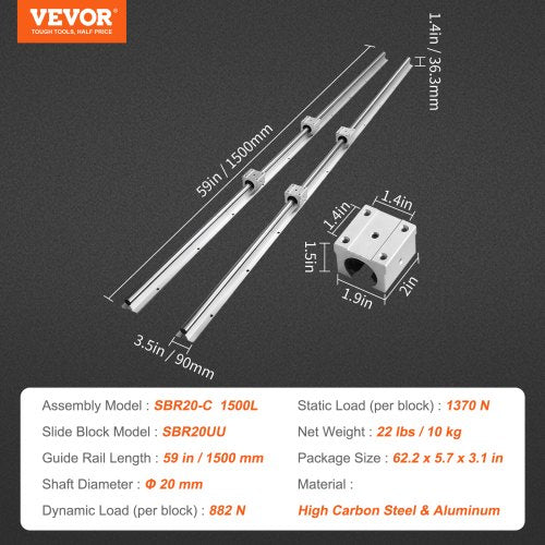Linear Motion Set SBR20 1500mm Comes with Two 59 in1500 mm SBR20 Rails