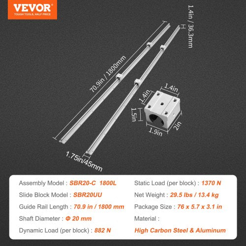 Linear Motion Guide Kit SBR20 1800mm Includes 2 PCS 709 in1800 mm SBR20
