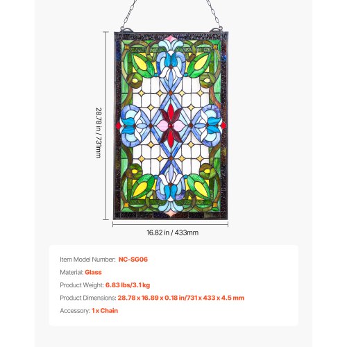 Stained Glass Window Panel 17 x 29 in Tiffany Style Hanging Transom Window