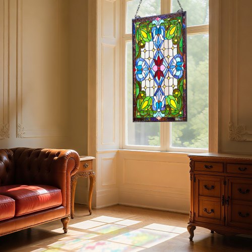 Stained Glass Window Panel 17 x 29 in Tiffany Style Hanging Transom Window