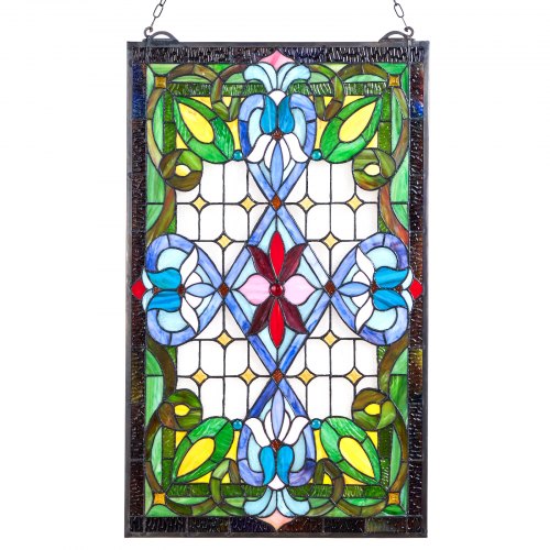 Stained Glass Window Panel 17 x 29 in Tiffany Style Hanging Transom Window