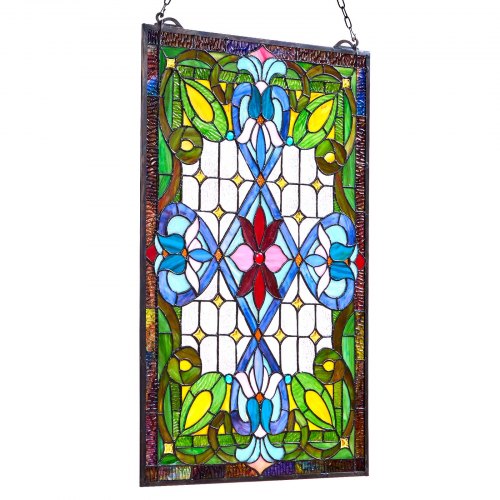 Stained Glass Window Panel 17 x 29 in Tiffany Style Hanging Transom Window