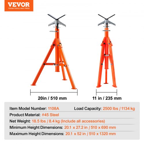 Pipe Stand, 2500LBS Heavy Duty Pipe Jack Stands, 27.2"-52" Height Adjustable V Head Pipe Stand, 45# Steel Folding Jack Stand for 1/2-12 inches Pipes