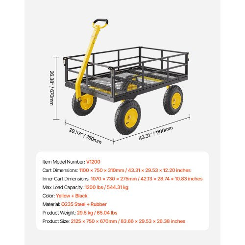 1200 Lbs Steel Garden Cart Heavy Duty Pullable Garden Wagon Yard Cart 2 in 1