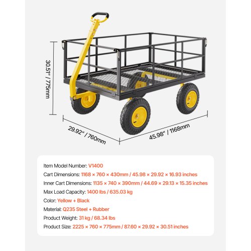 1400 Lbs Steel Garden Cart Heavy Duty Pullable Garden Wagon Yard Cart 2 in 1