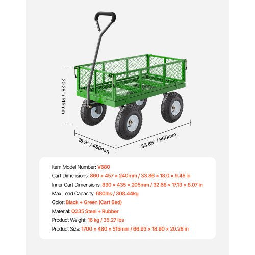 680 Lbs Steel Garden Cart on Wheels Heavy Duty Garden Wagon Cart Pullable