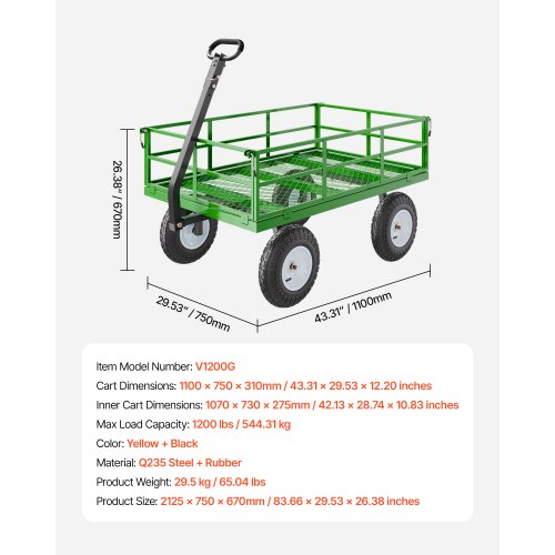 1200 Lbs Steel Garden Cart Heavy Duty Pullable Garden Wagon Yard Cart 2 in 1