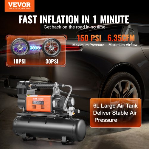 Heavy Duty Air Compressor 6L Tank 635CFM Portable Tire Inflator 150PSI
