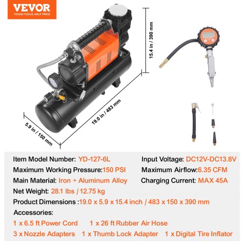 Heavy Duty Air Compressor 6L Tank 635CFM Portable Tire Inflator 150PSI