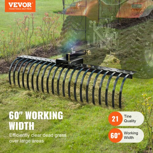 Tow Behind Landscape Rake 60 Tow Dethatcher with 21 Steel Coil Tines Lawn