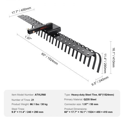 Tow Behind Landscape Rake 60 Tow Dethatcher with 21 Steel Coil Tines Lawn