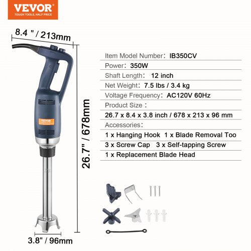 Commercial Immersion Blender 350W Heavy Duty Hand Mixer 12 inch Stepless