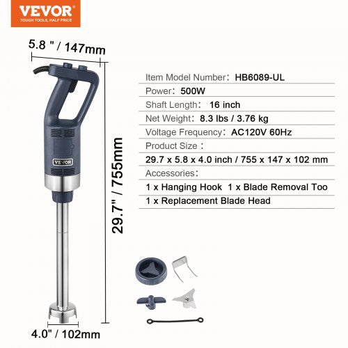 Commercial Immersion Blender 500W Heavy Duty Hand Mixer 16 inch Stepless