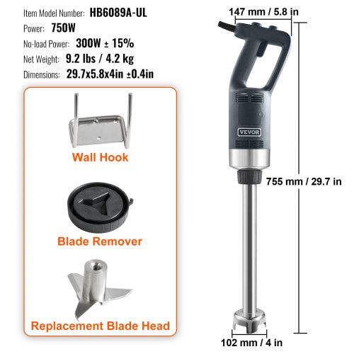 Commercial Immersion Blender 750W 16 Heavy Duty Hand Mixer Variable Speed