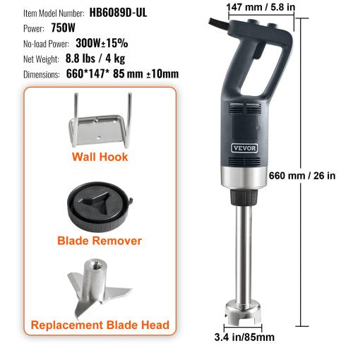 Commercial Immersion Blender 750W 12 Heavy Duty Hand Mixer Variable Speed