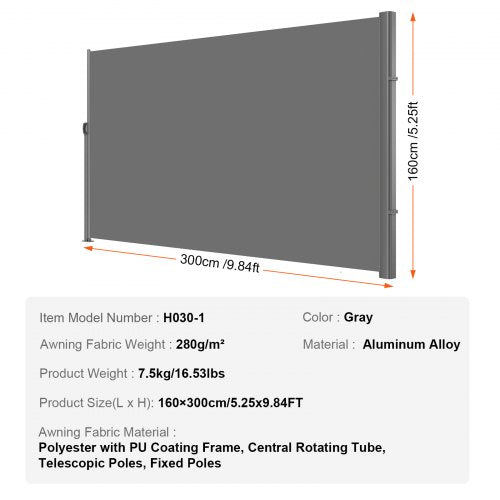 Retractable Side Awning 63x 118 Full Aluminum RustProof Outdoor