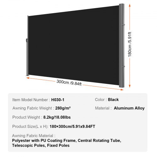 Retractable Side Awning 71x 118 Aluminum Outdoor Privacy Screen 280g