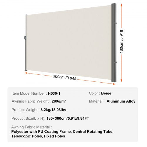 Retractable Side Awning 71x 118 Aluminum Outdoor Privacy Screen 280g
