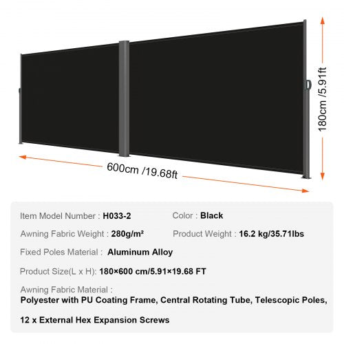 Retractable Side Awning 71x 236 Aluminum Outdoor Privacy Screen 280g