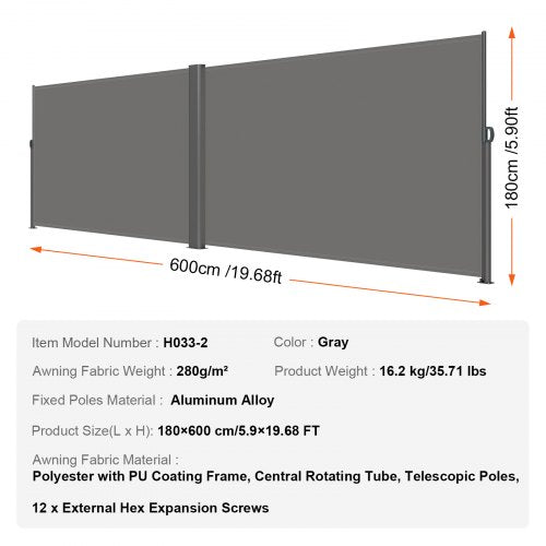 Retractable Side Awning 71x 236 Aluminum Outdoor Privacy Screen 280g