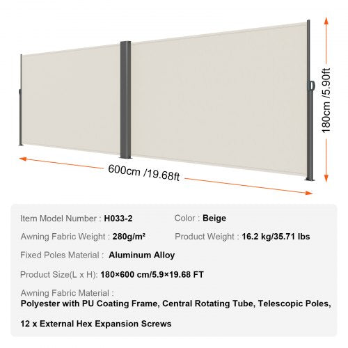 Retractable Side Awning 71x 236 Aluminum Outdoor Privacy Screen 280g