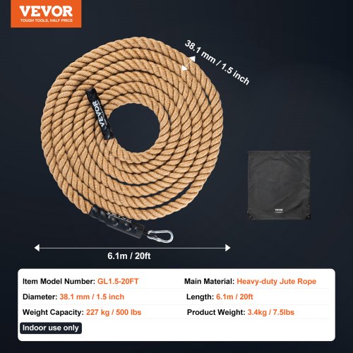 Gym Climbing Rope 15 Diameter 20 ft Length Gym Fitness Training Rope Gym