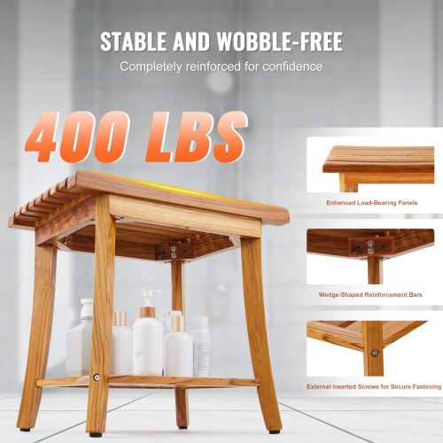 Teak Shower Bench 20 x 143 x 17.9 in Waterproof Wood Shower Stool with Storage