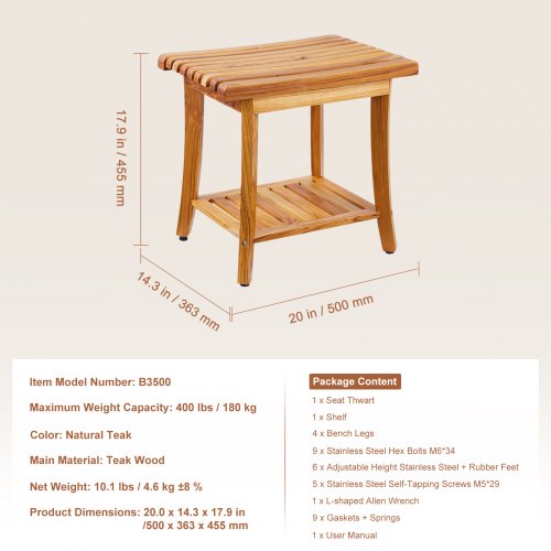 Teak Shower Bench 20 x 143 x 17.9 in Waterproof Wood Shower Stool with Storage