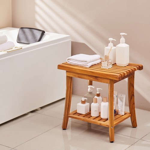 Teak Shower Bench 20 x 143 x 17.9 in Waterproof Wood Shower Stool with Storage