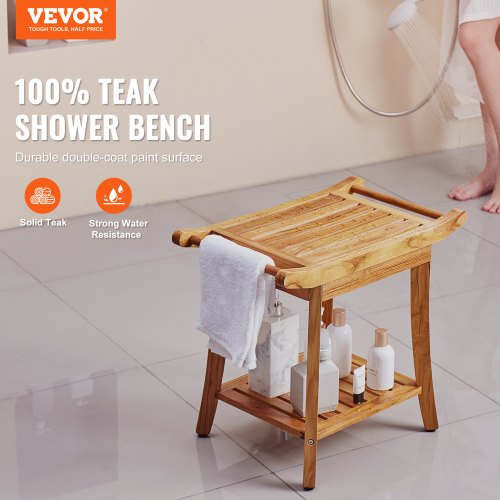 Teak Shower Bench 22 x 144 x 18.5 in Waterproof Wood Shower Stool with Storage