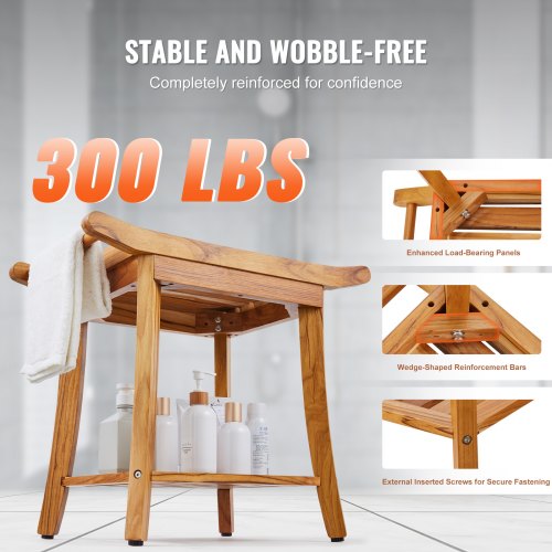 Teak Shower Bench 22 x 144 x 18.5 in Waterproof Wood Shower Stool with Storage