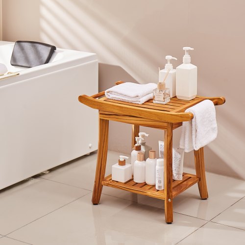 Teak Shower Bench 22 x 144 x 18.5 in Waterproof Wood Shower Stool with Storage