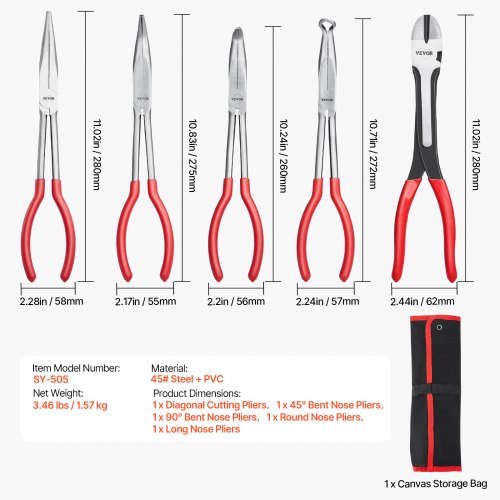 5Piece Needle Nose Pliers 11 in Long Needle Nose Pliers Set Diagonal