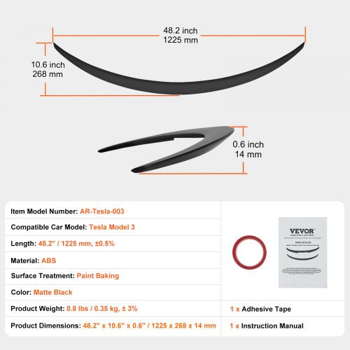 GT Wing Car Spoiler 48.2 inch Spoiler Compatible with Tesla Model 3 High