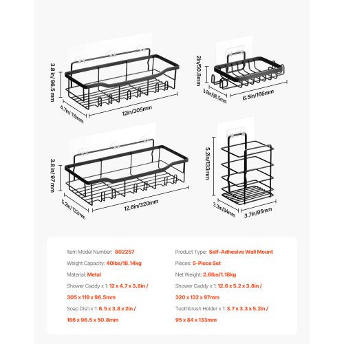 Shower Caddy 5 Pack Adhesive Bathroom Shower Storage Organization Shelves