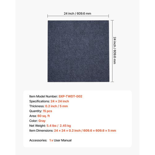 Carpet Tiles 24x24 inch 15 Pack Peel and Stick Carpet Square Rug Self