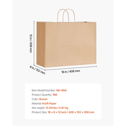 Kraft Paper Bags with Handles 100Pcs 16 x 6 x 12 in Large Paper Grocery